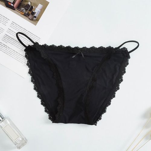 Women Sexy Ice Silk Lace Trim Strap Breathable Thin Panty Briefs-Navy Blue