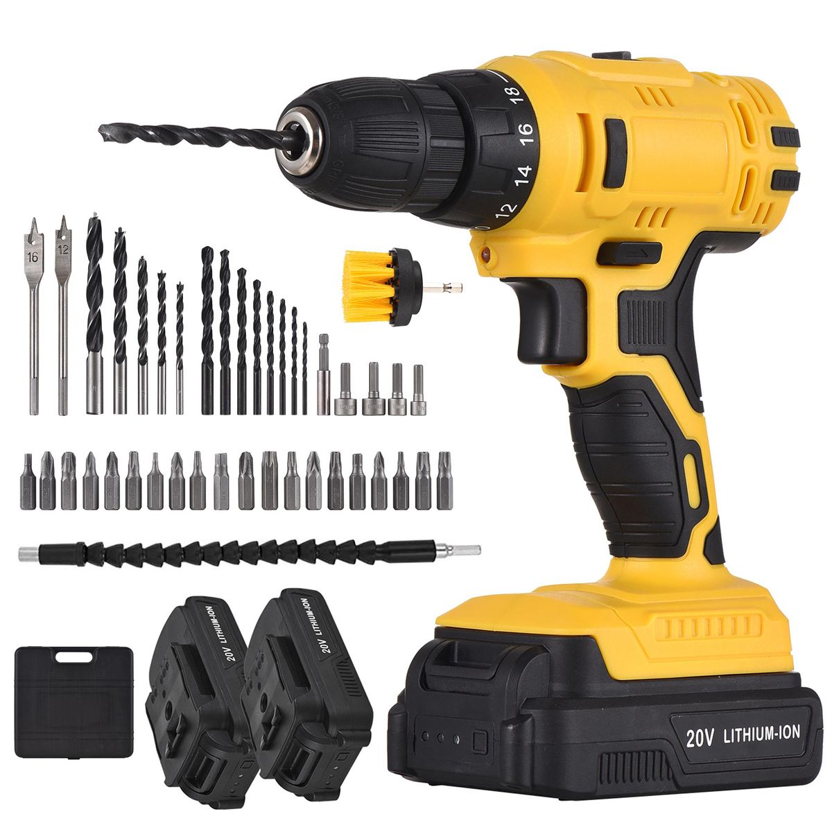 20V Portable Cordless Electric Drill 3/8 Inch Chuck Handheld Power Drill Screwdriver with 2 Batteries Fast Charger 42 PCS Drill Bits Extension Rod Clean Brush, LED Work Light 2-variable Speed 18+1 Torque Adjustment 28N.m