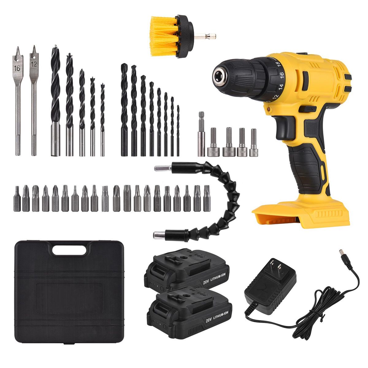 20V Portable Cordless Electric Drill 3/8 Inch Chuck Handheld Power Drill Screwdriver with 2 Batteries Fast Charger 42 PCS Drill Bits Extension Rod Clean Brush, LED Work Light 2-variable Speed 18+1 Torque Adjustment 28N.m