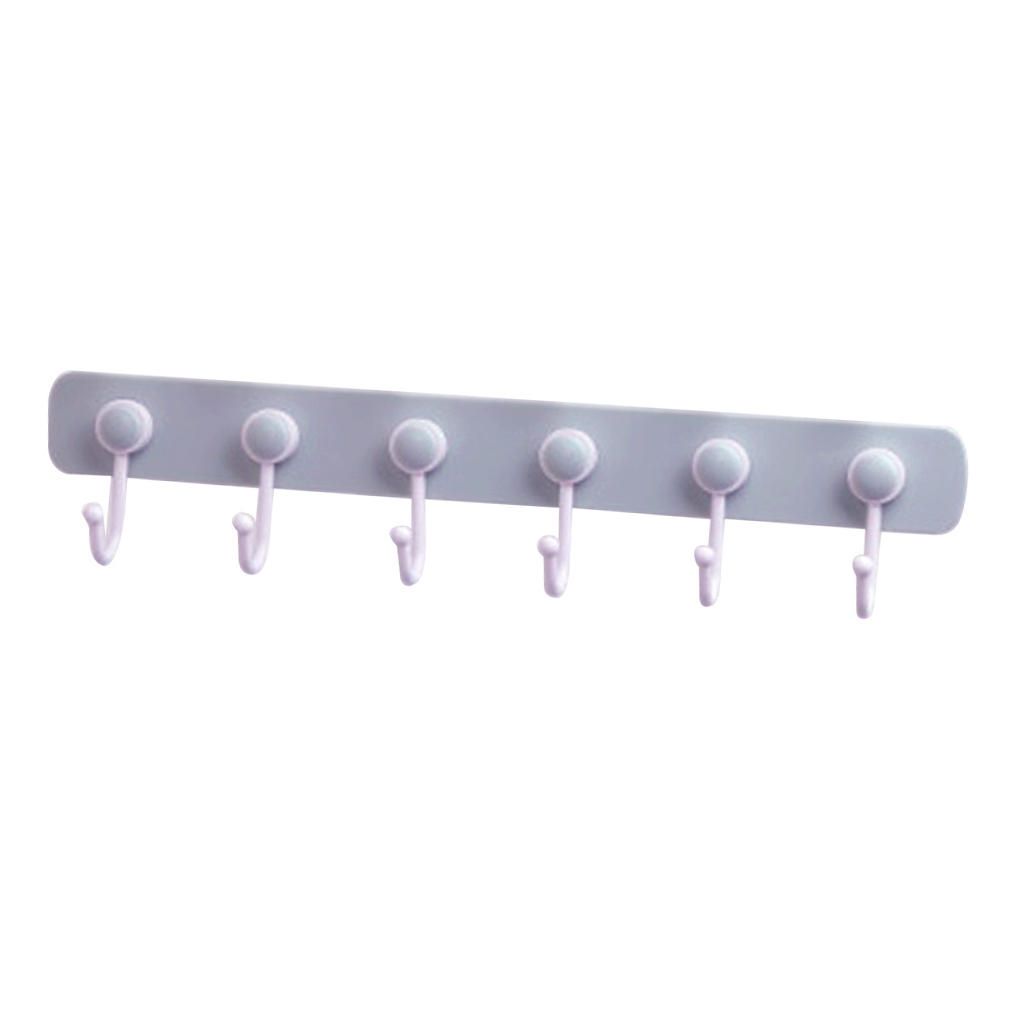 Wall Door Mounted Plastic 6-Hooks Clothes Coat Hat Bag Towel Gray