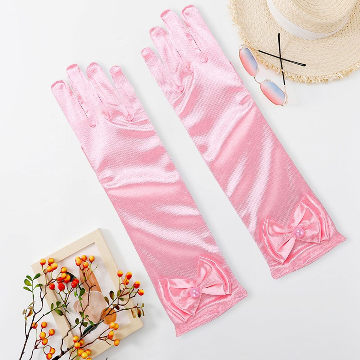 Princess Dress Gloves Princess Style Satin Flower Girls Gloves Elegant Pink