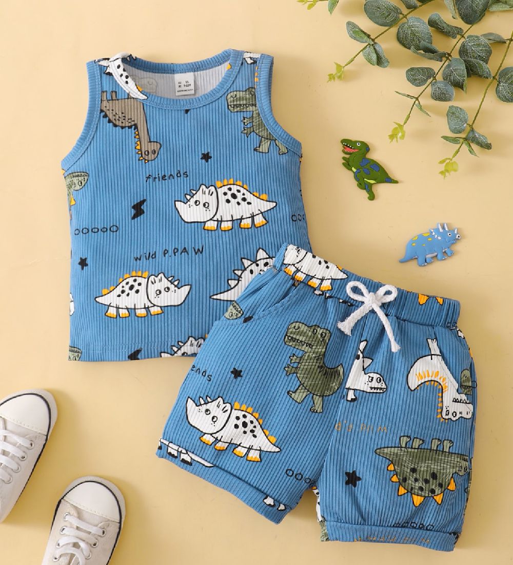 0-3Years Baby Boy Dinosaur Blue Sleeveless Shirt+Shorts