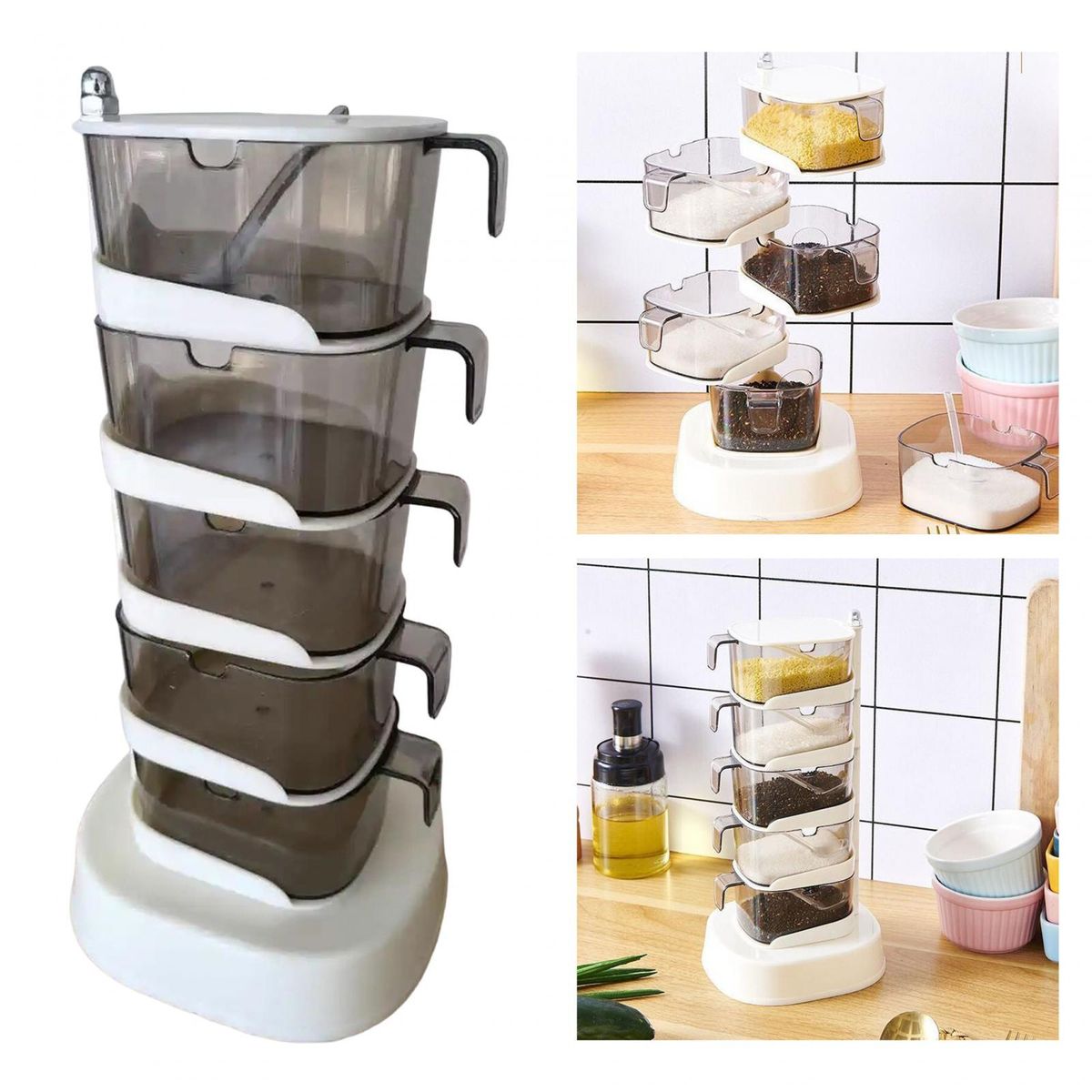 Rotatable Spice Pots Clear Condiment Pots For 5 Tier Beige