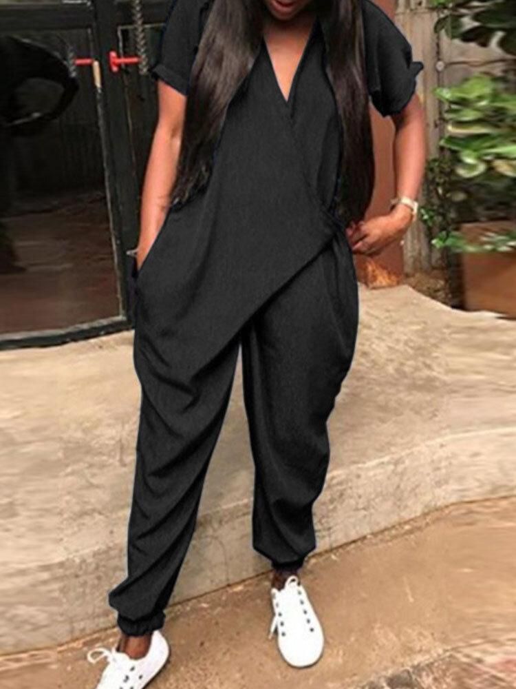 Short Sleeve V-Neck Side Pockets Simple And Comfortable Jumpsuit