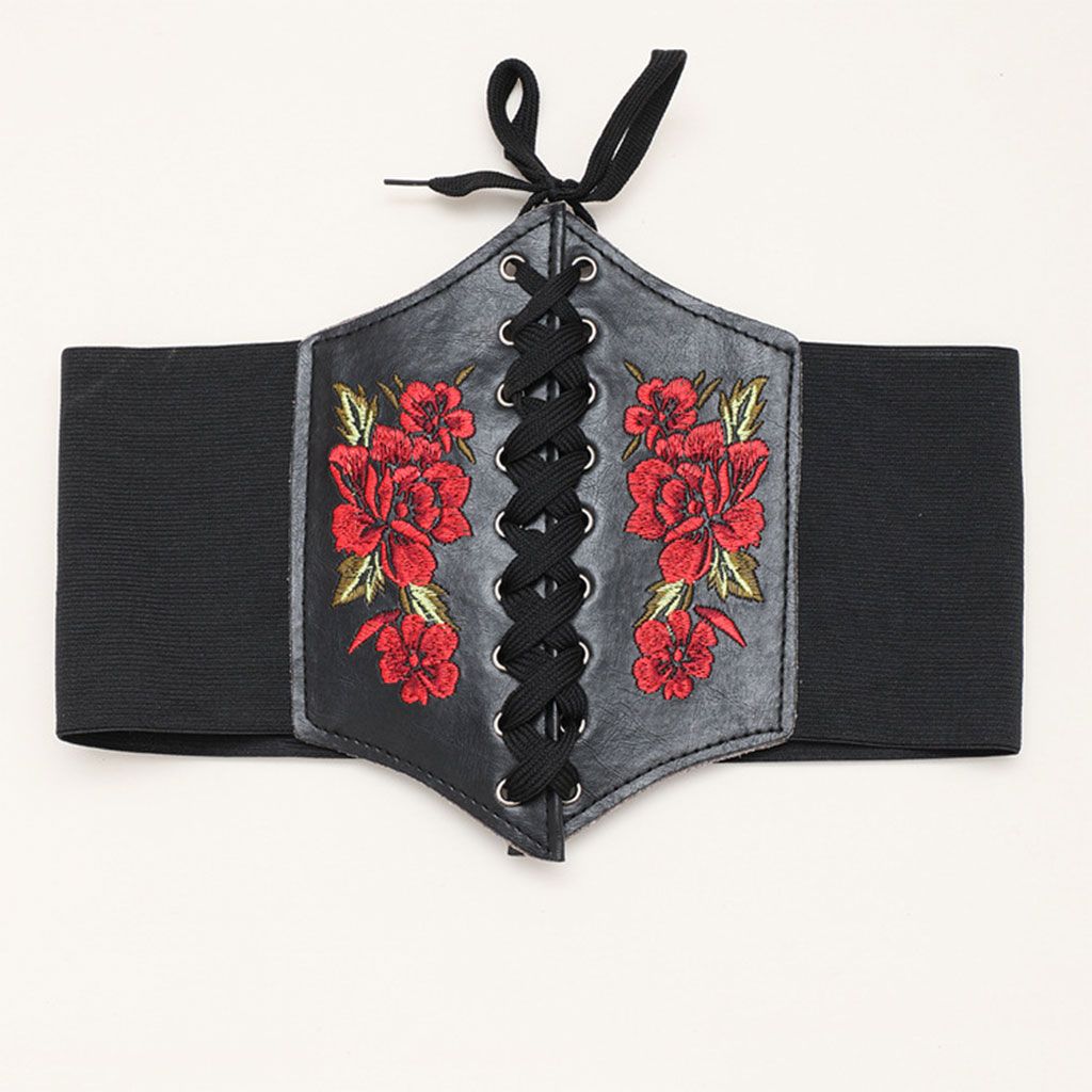 Women Wide Elastic Waist Belt Lace-Up Tied Waspie Belts Corset PU