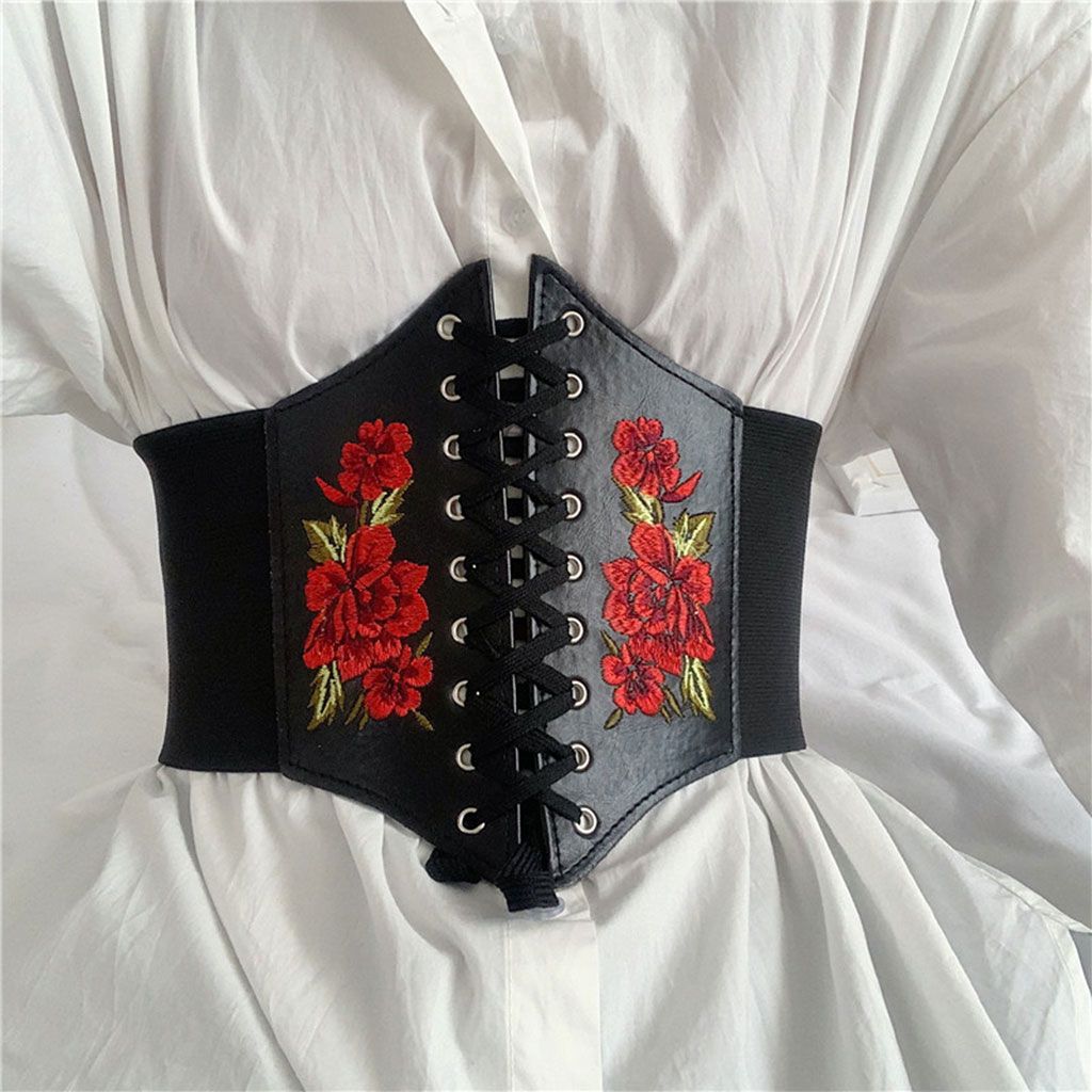 Women Wide Elastic Waist Belt Lace-Up Tied Waspie Belts Corset PU