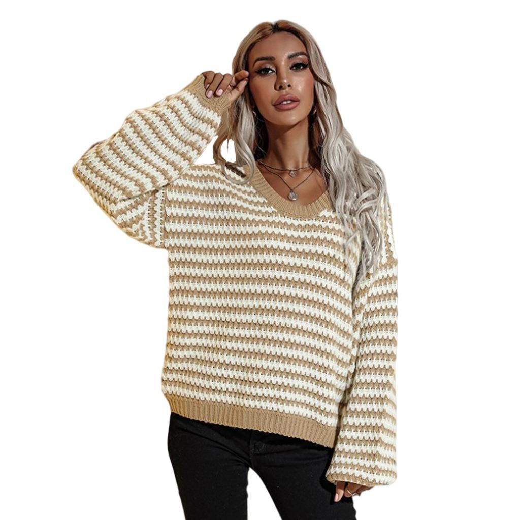 Lady V Neck Knit Sweater Long Sleeves Fall Winter Loose Fit Khaki L