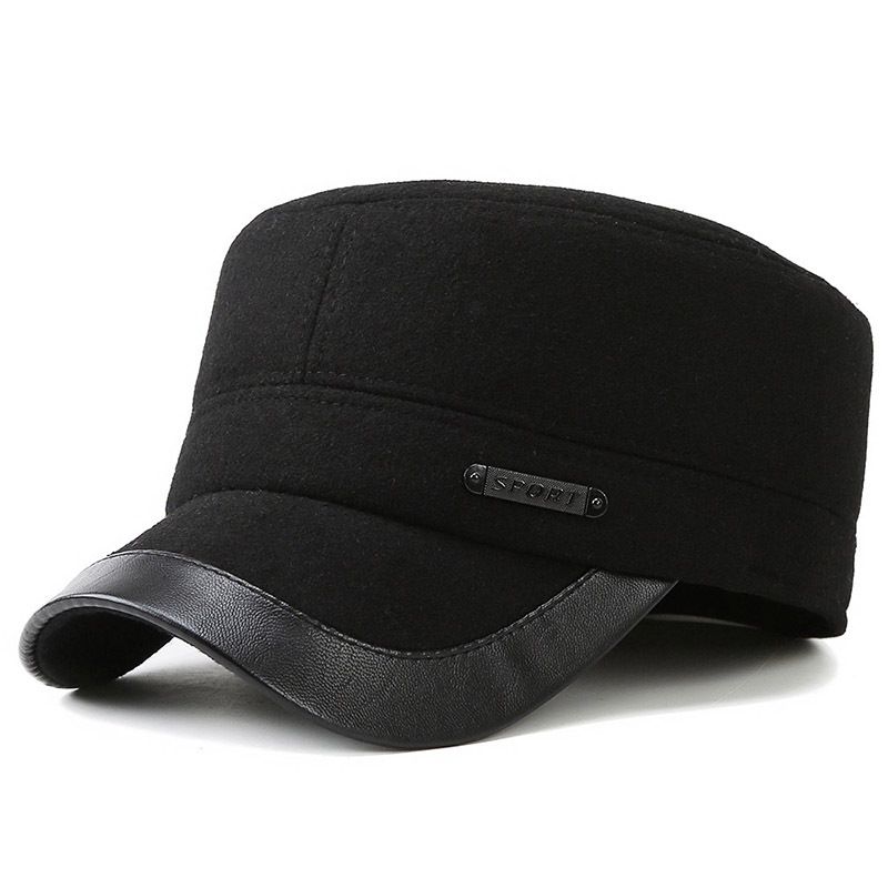 Old Men Winter Hat With Earflaps Beret Dad Warm Hats For Men Elderly Woolen Leather Flat Baseball Cap Cold-proof Hats-Black