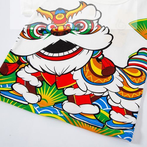 Chinese Style Waking Lion Lucky Printing Short-sleeved T-shirt Kids' Top