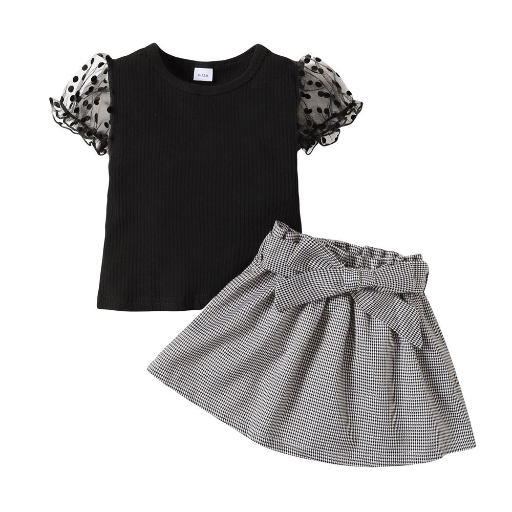 Baby Girl Fashion Summer Outfit Set Bubble Blouse Plaid Skirt