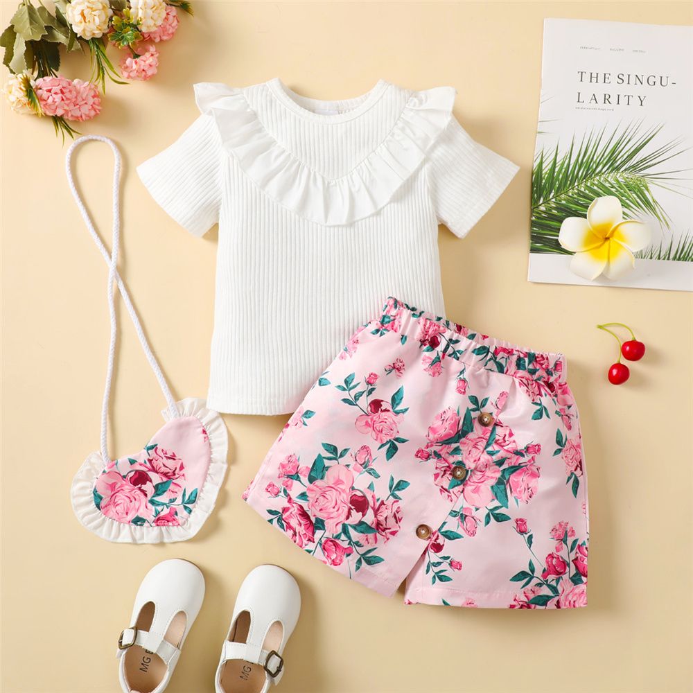 1-6 Years Kid Girl 2PCS Set/Ruffle Collar Short Sleeve Shirt+Floral Shorts