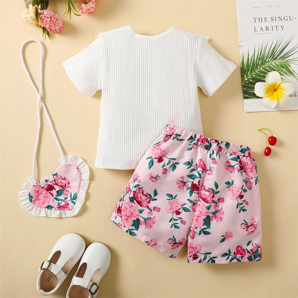 1-6 Years Kid Girl 2PCS Set/Ruffle Collar Short Sleeve Shirt+Floral Shorts