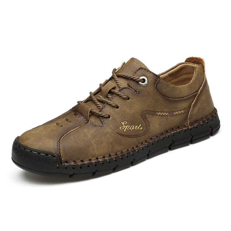 Mens Casual Sports Leather Trekking Ankle Boots Shoes-Khaki