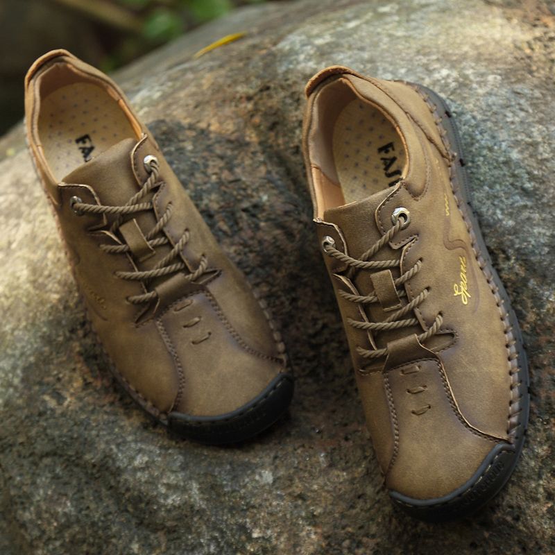 Mens Casual Sports Leather Trekking Ankle Boots Shoes-Khaki