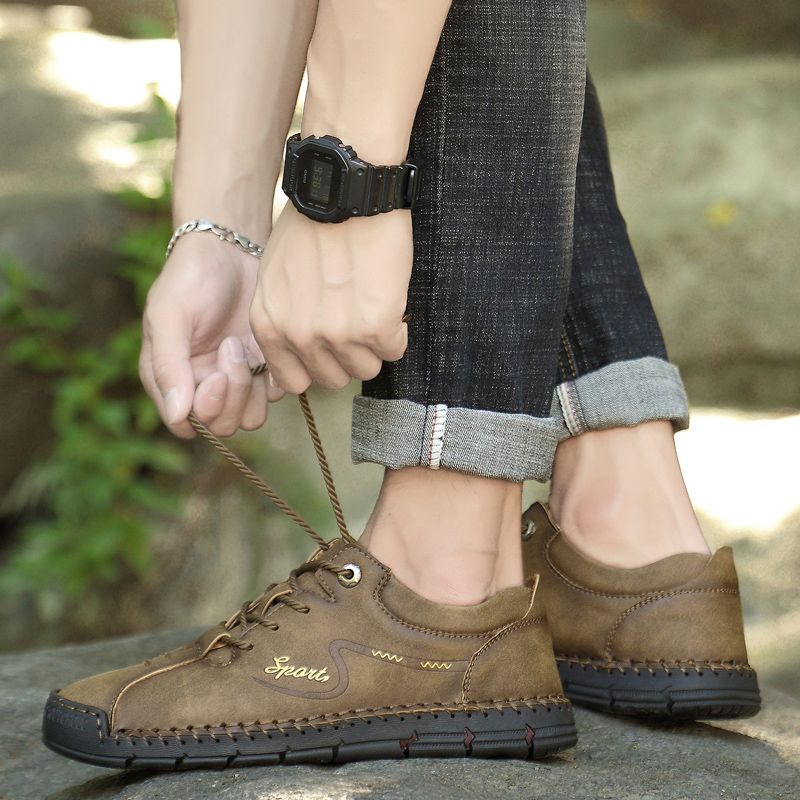 Mens Casual Sports Leather Trekking Ankle Boots Shoes-Khaki