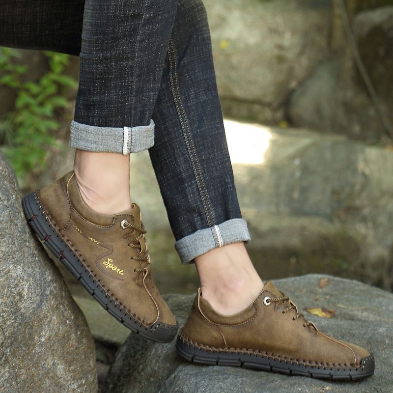 Mens Casual Sports Leather Trekking Ankle Boots Shoes-Khaki