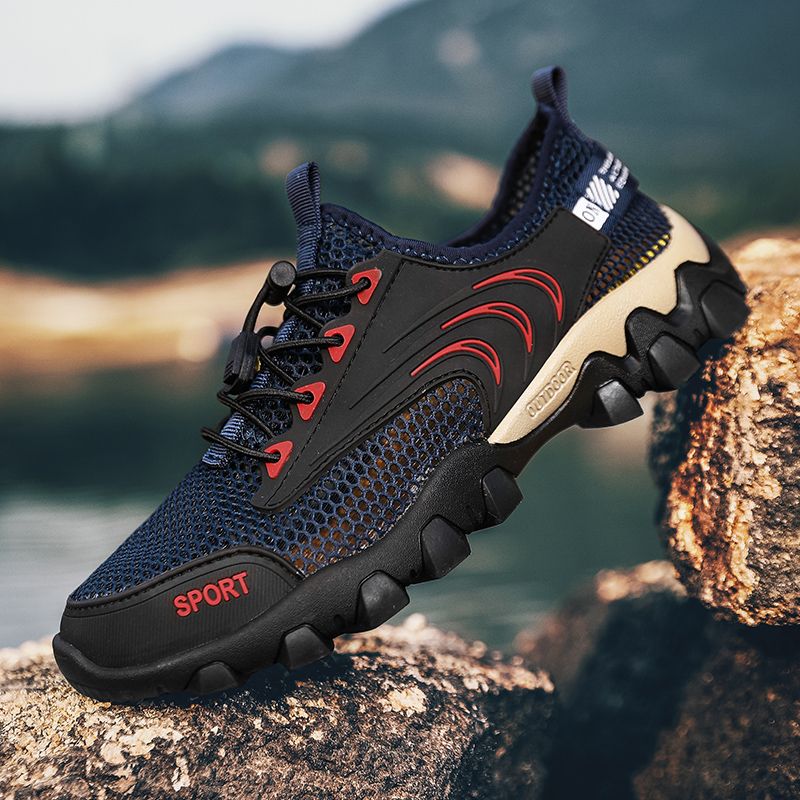 Outdoor Hiking Shoes Men Sneakers Top Quality Size 45 46 Summer Breathable Mesh+Leather Trekking Mountain Climbing Shoes For Men Sport Shoes Quick-dry Water Shoes Male Durable Non-slip Training Sneakers Blue