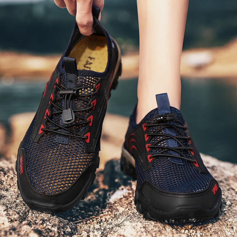 Outdoor Hiking Shoes Men Sneakers Top Quality Size 45 46 Summer Breathable Mesh+Leather Trekking Mountain Climbing Shoes For Men Sport Shoes Quick-dry Water Shoes Male Durable Non-slip Training Sneakers Blue