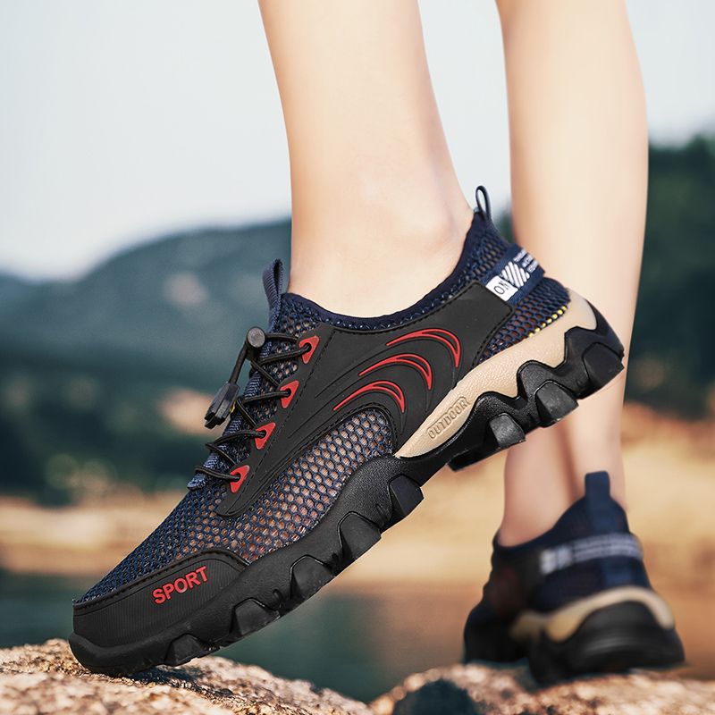 Outdoor Hiking Shoes Men Sneakers Top Quality Size 45 46 Summer Breathable Mesh+Leather Trekking Mountain Climbing Shoes For Men Sport Shoes Quick-dry Water Shoes Male Durable Non-slip Training Sneakers Blue