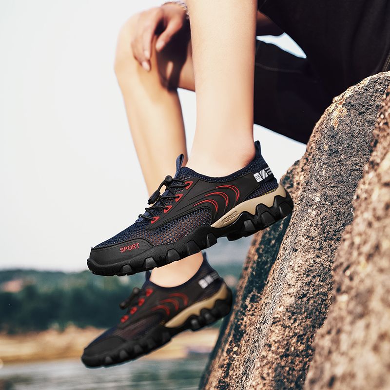 Outdoor Hiking Shoes Men Sneakers Top Quality Size 45 46 Summer Breathable Mesh+Leather Trekking Mountain Climbing Shoes For Men Sport Shoes Quick-dry Water Shoes Male Durable Non-slip Training Sneakers Blue