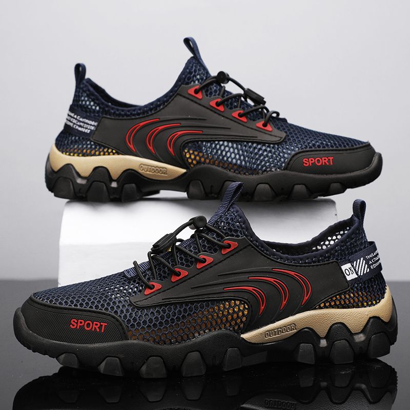 Outdoor Hiking Shoes Men Sneakers Top Quality Size 45 46 Summer Breathable Mesh+Leather Trekking Mountain Climbing Shoes For Men Sport Shoes Quick-dry Water Shoes Male Durable Non-slip Training Sneakers Blue