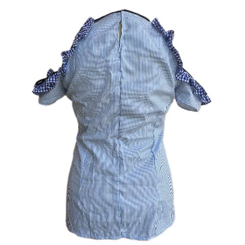 Shopadaa - Ladies Short Sleeve  - Stripe Cold Shoulder - Ruffle Top - Blue And White