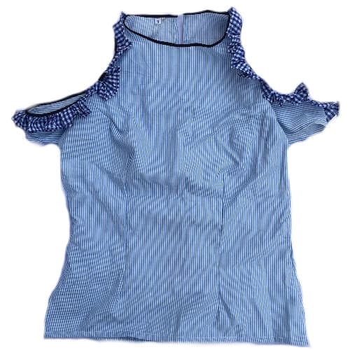 Shopadaa - Ladies Short Sleeve  - Stripe Cold Shoulder - Ruffle Top - Blue And White