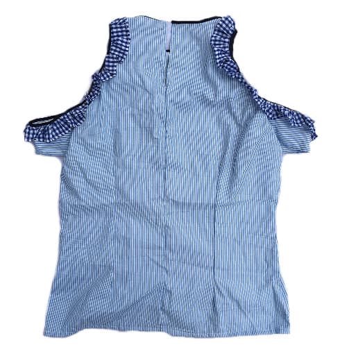 Shopadaa - Ladies Short Sleeve  - Stripe Cold Shoulder - Ruffle Top - Blue And White