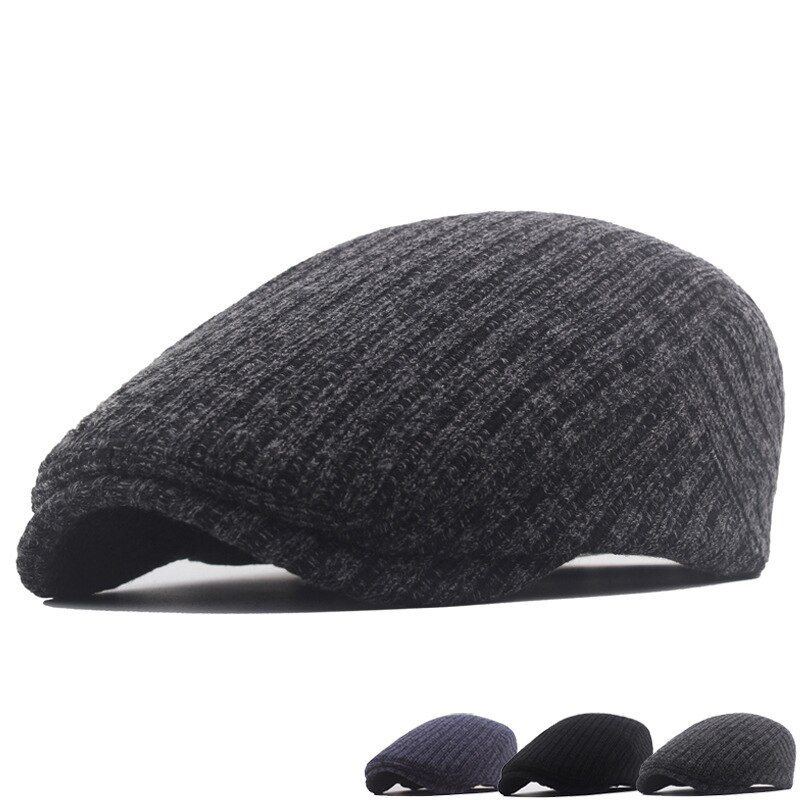 Autumn Winter Wool Knitted Warm Beret Men's Big Head Vintage Herringbone
