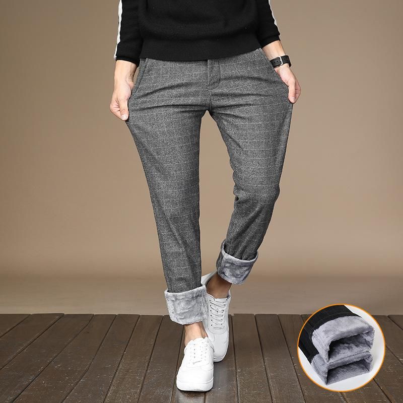 Classic elastic woolen wool trousers warm cotton thick collections solids with zipper for winter and autumn