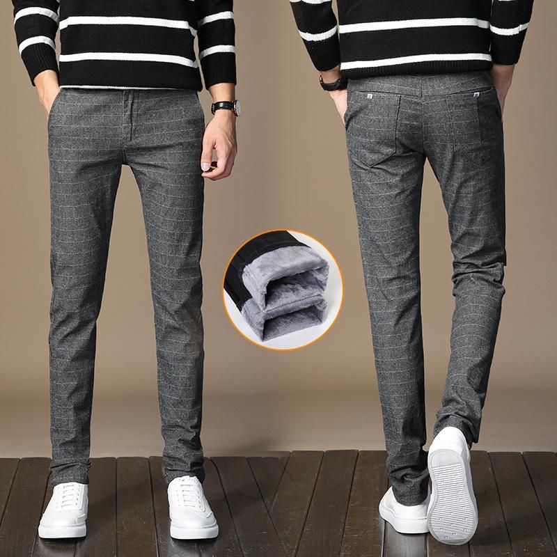 Classic elastic woolen wool trousers warm cotton thick collections solids with zipper for winter and autumn