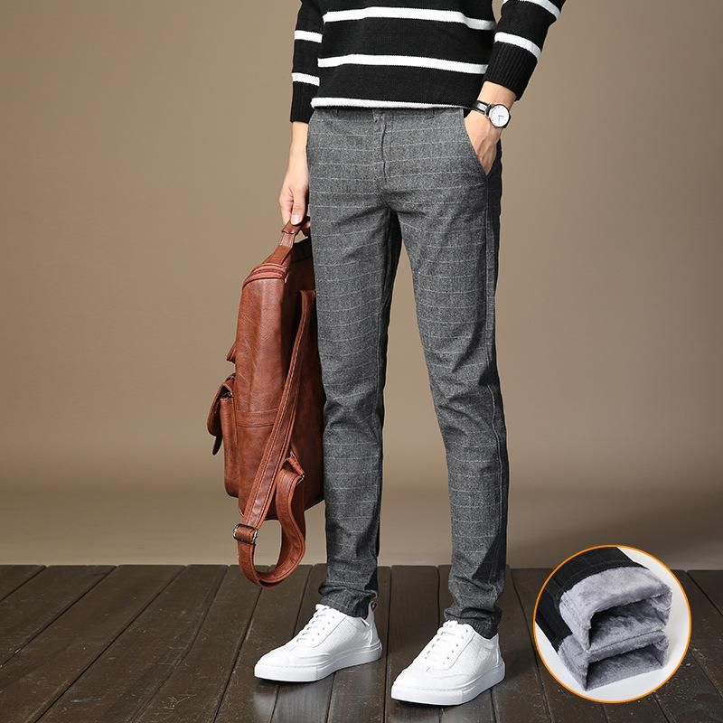 Classic elastic woolen wool trousers warm cotton thick collections solids with zipper for winter and autumn