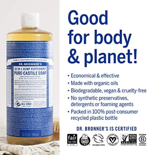 Organic Hemp Peppermint Castile Liquid Soap -  18-in-1  - 946ml - 1 Piece