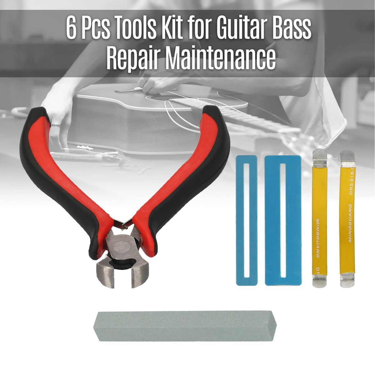 6Pcs Guitar Tools Kit Repair Maintenance Tool for Guitar Bass Luthier 2 String Separators, 2 Fingerboard Protectors, 1 String Cutter Plier, 1 Sanding Stone