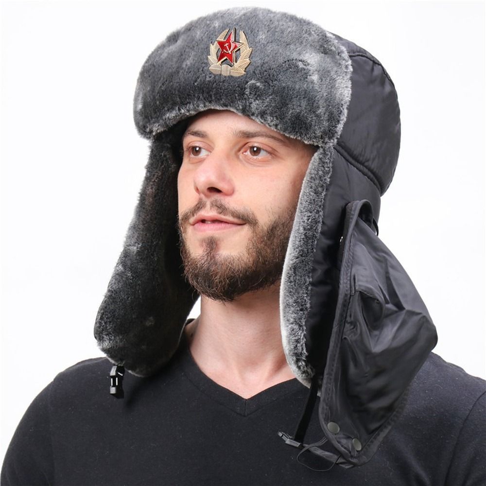 Winter Bomber Hats for Men Soviet Badge Lei Feng Hat with Veil Outdoor Waterproof Snow Caps Warm Thickened Ear Flaps Cap Ushanka