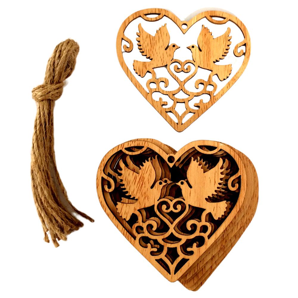 10Pcs Wooden Heart Hollow Birds Hanging Ornaments For