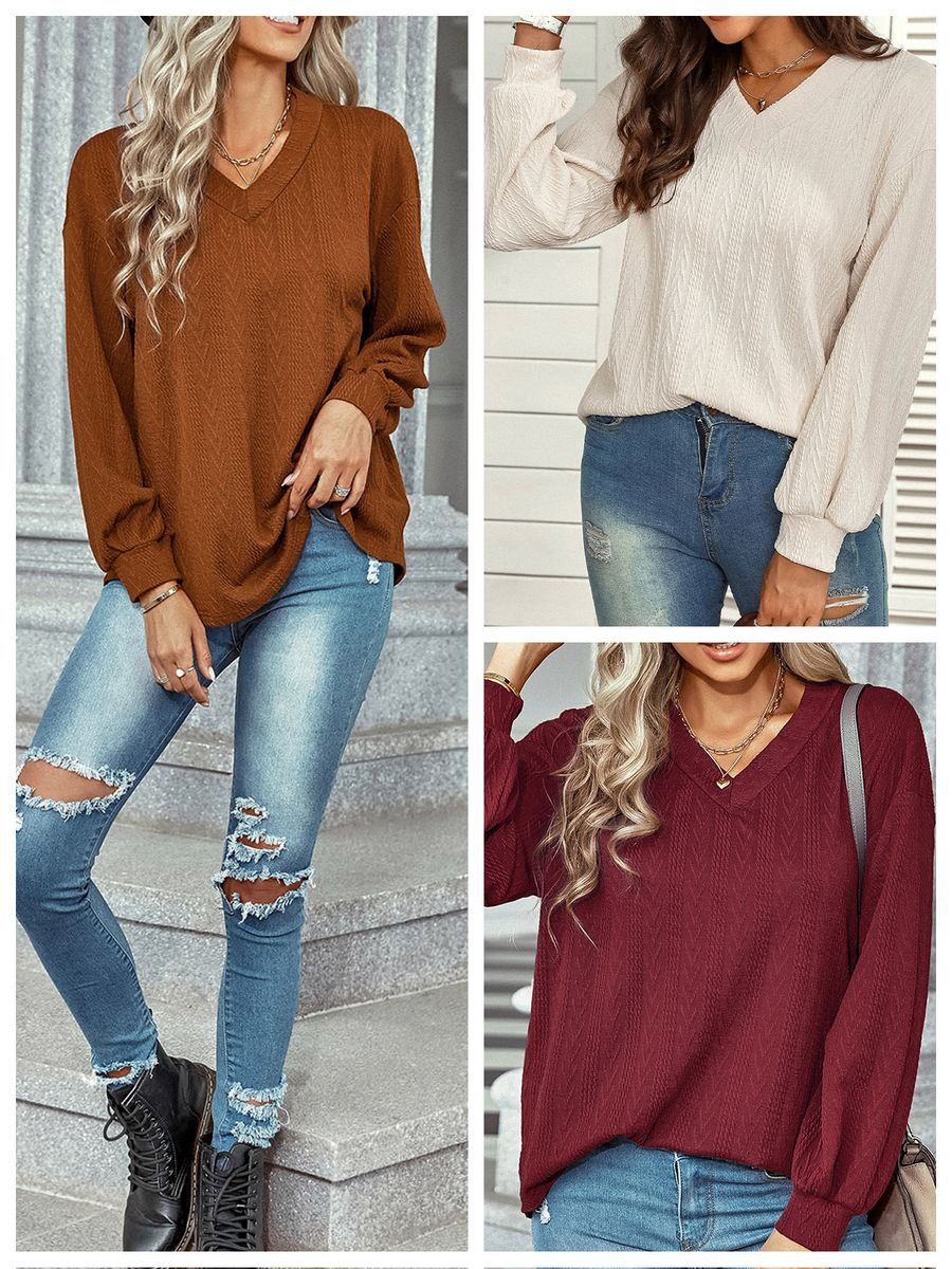 Women Loose Sweatshirt Long Sleeve V Neck Casual Pullovers