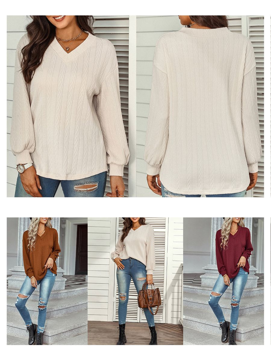 Women Loose Sweatshirt Long Sleeve V Neck Casual Pullovers