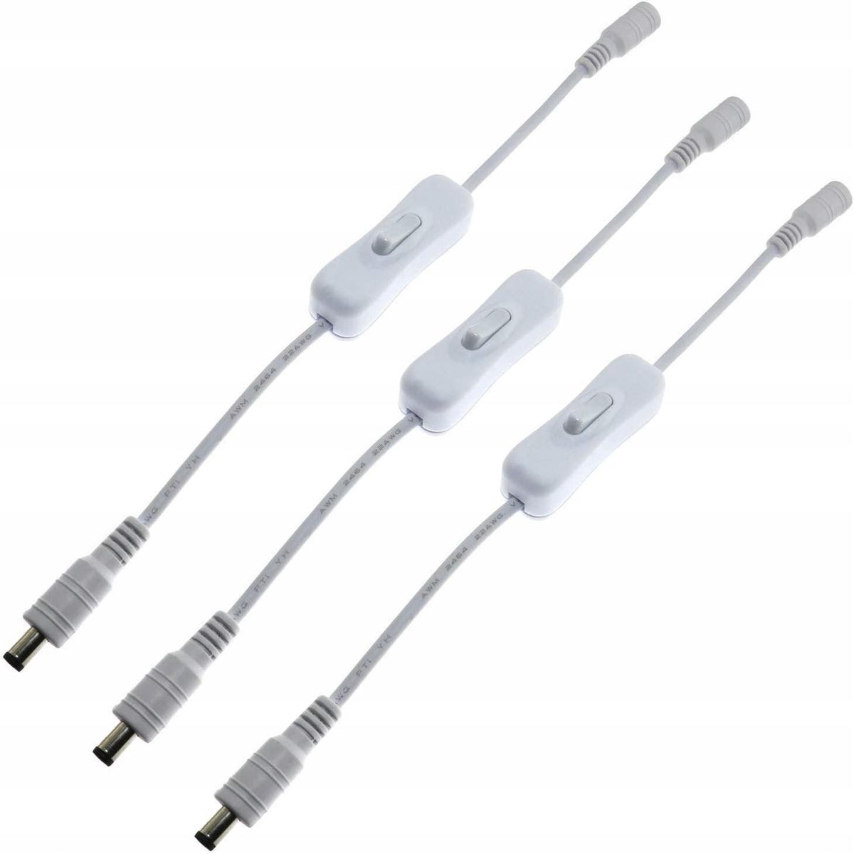 3pcs in-Line Power Extension Cable Wire with Switch On/Off,White DC Male Female Plug Jack Connector Cable