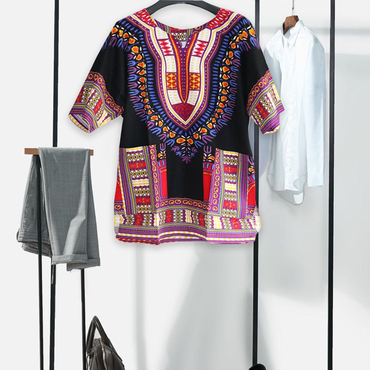 African Dashiki T Shirt Traditional Style Festival One Size  Black