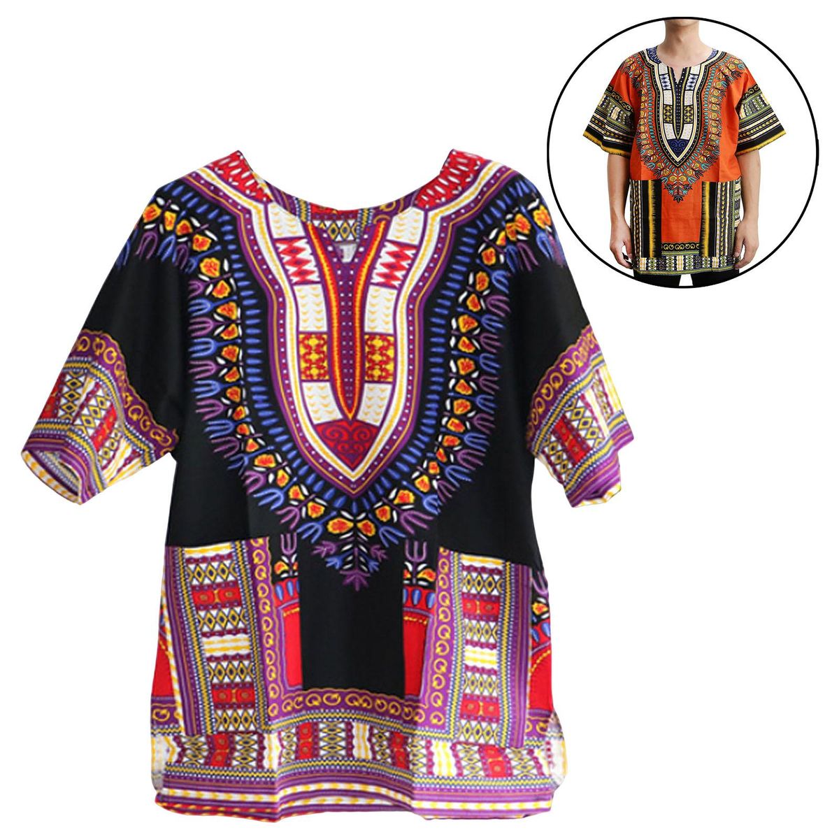 African Dashiki T Shirt Traditional Style Festival One Size  Black