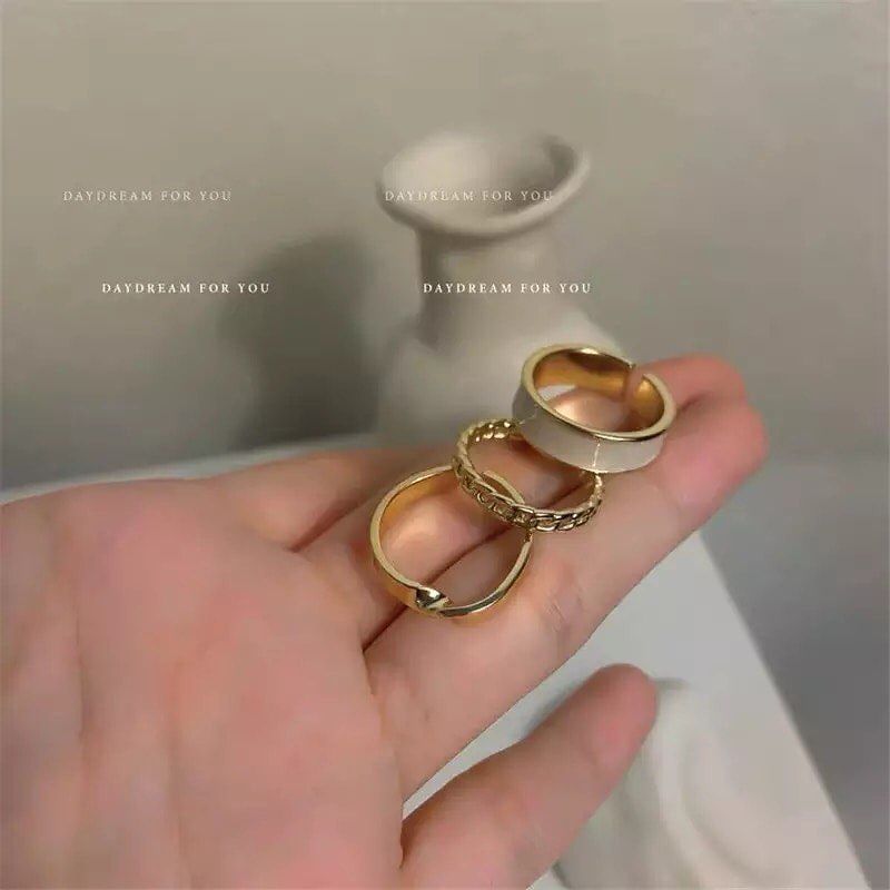 3pcs White Enamel Round Metal Adjustable Gold Ring Set