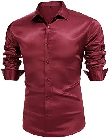 Men Wine Red Button Down Long Sleeve Shirt For Business Corporate Casual Outings