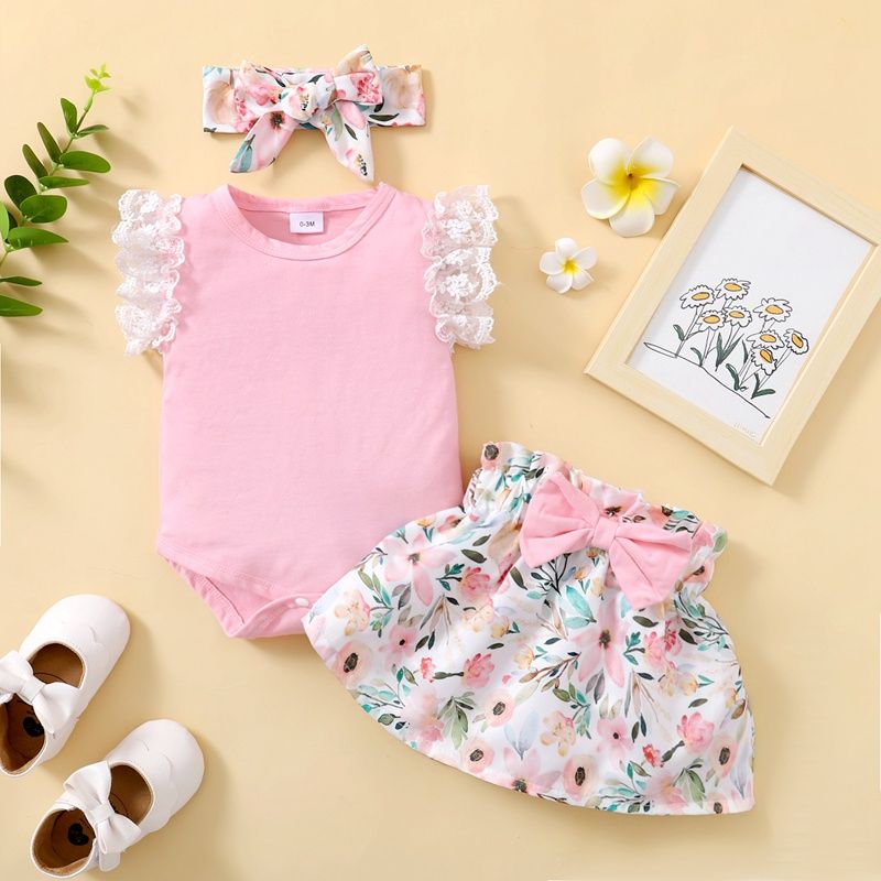 Newborn Baby Girl 3PCS Clothes Set Lace Ruffle Bodysuit Floral Shorts Headwear