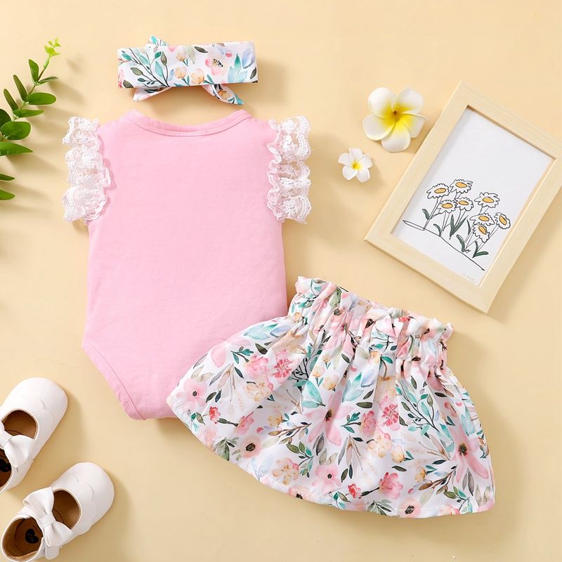 Newborn Baby Girl 3PCS Clothes Set Lace Ruffle Bodysuit Floral Shorts Headwear