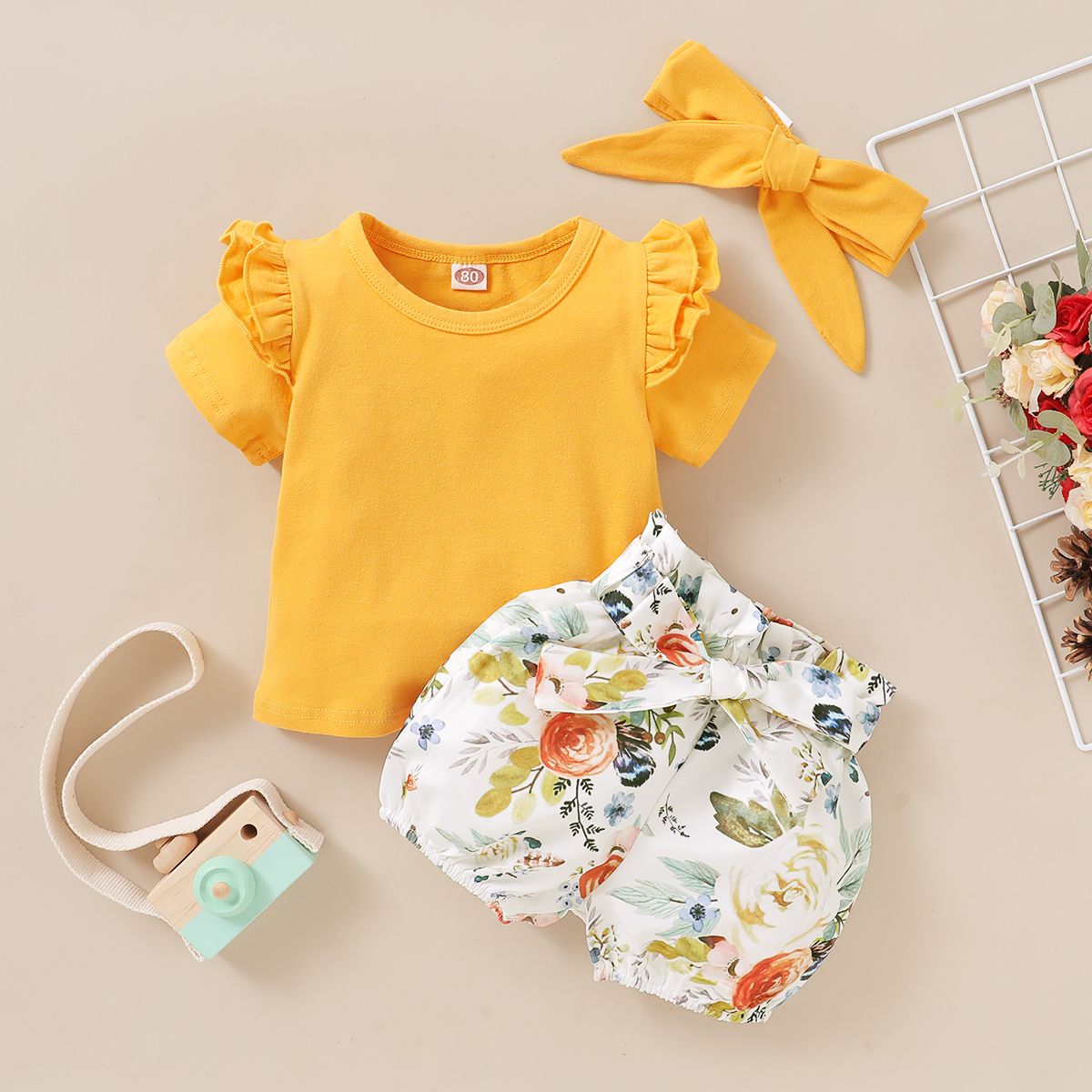 Baby Girls Outfit Short Sleeve Yellow Shirt + Floral Print Shorts + Headband