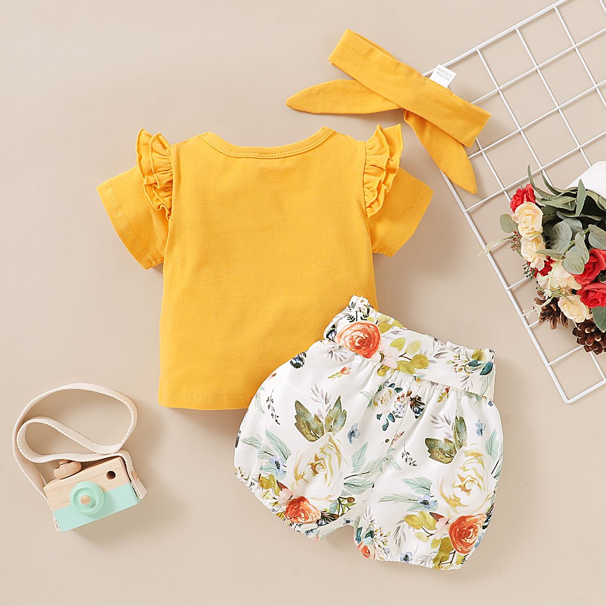 Baby Girls Outfit Short Sleeve Yellow Shirt + Floral Print Shorts + Headband