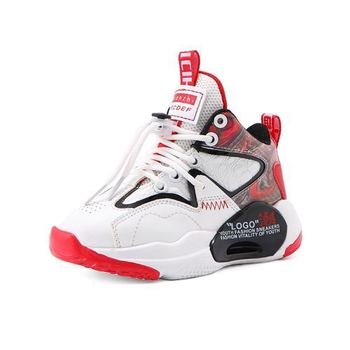 Boys' Casual Running Children's Sports Basketball Thick Bottom Mid Shoes White