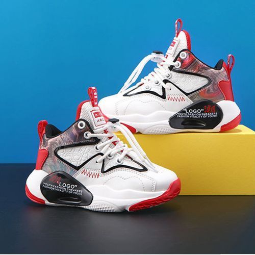 Boys' Casual Running Children's Sports Basketball Thick Bottom Mid Shoes White