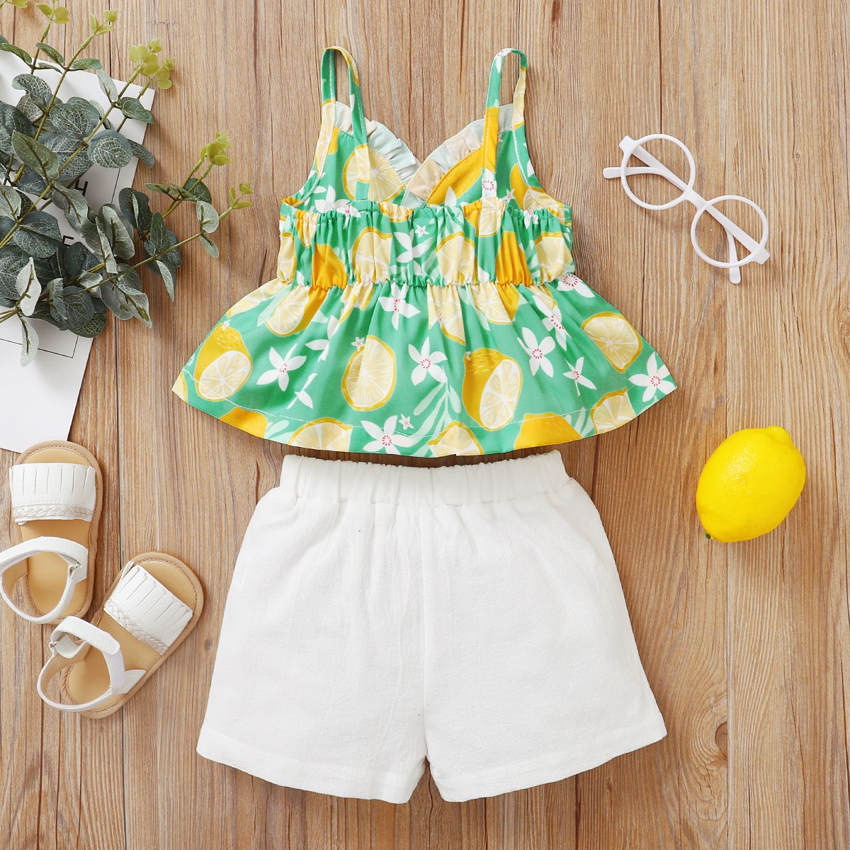 0-2Y Baby Girls Summer Outfit Set Leomon Print Sling Tops White Short Pants